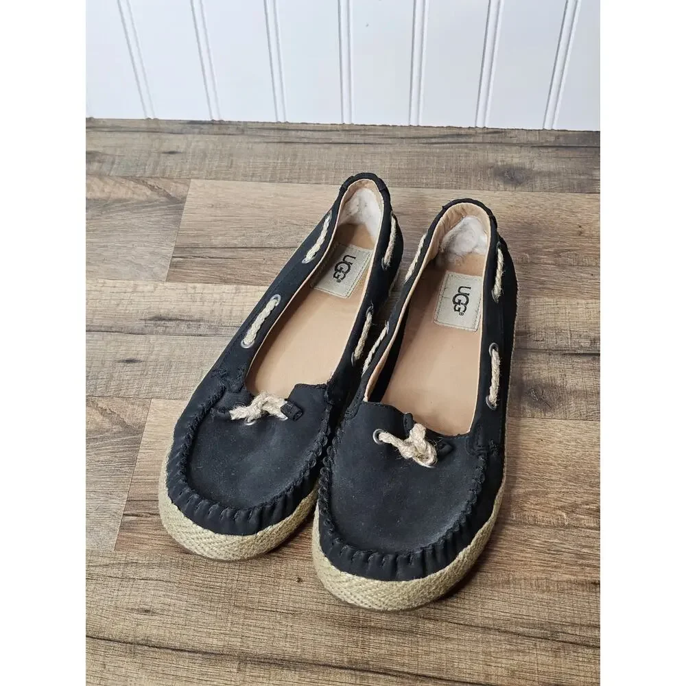Ugg Australia Women's Black Chivon Leather Moccasin Flat Shoes 8.5 Nautical